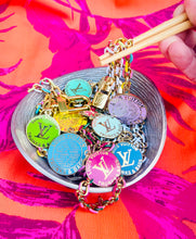 Load image into Gallery viewer, *Rare* X~Large Repurposed Baby Blue &amp; Gold Louis Vuitton Trunks &amp; Bags Coin Necklace