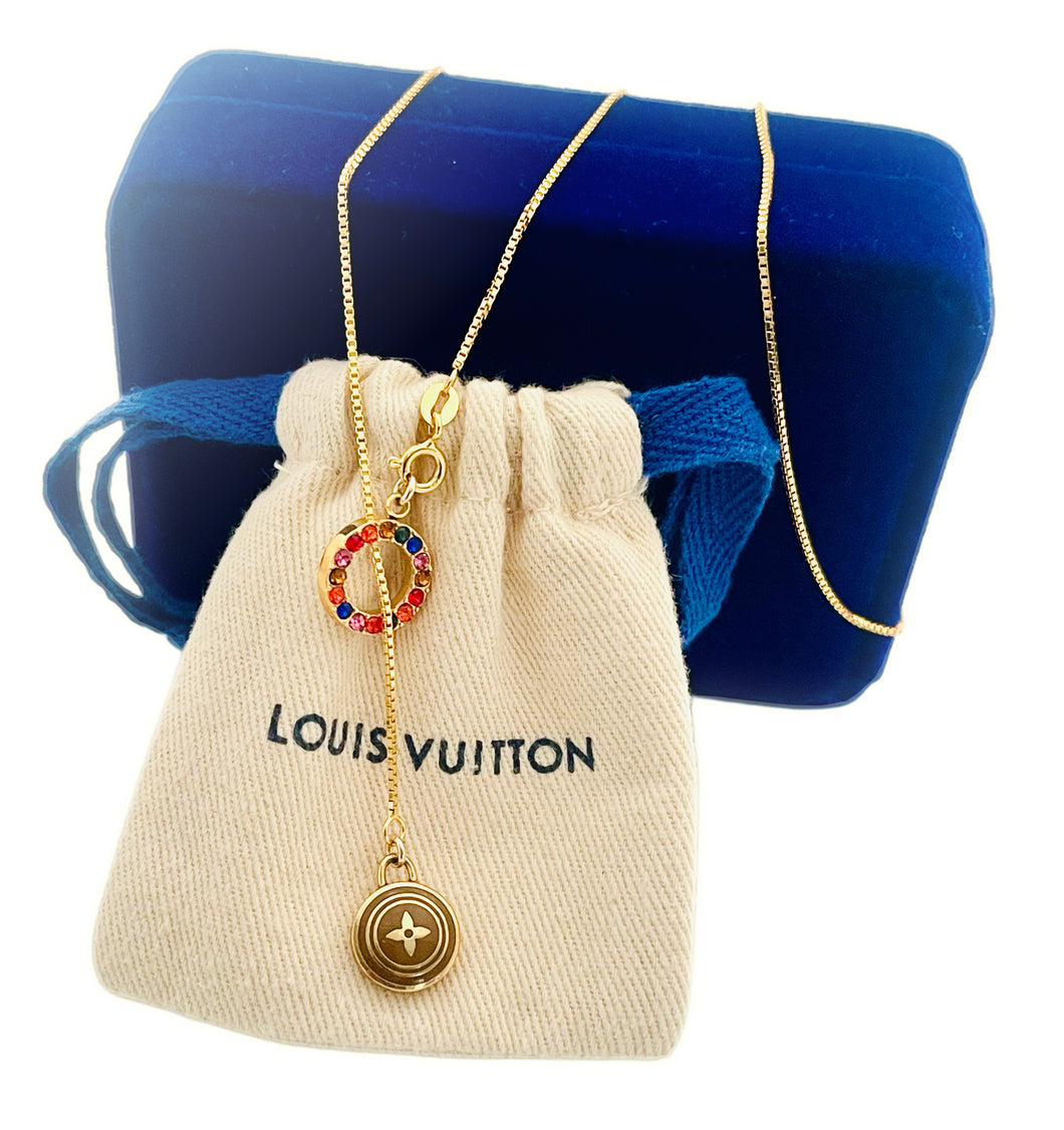 Repurposed Darker Cafè & Gold Reversible Louis Vuitton Flower Coin Adjustable Lariat Necklace