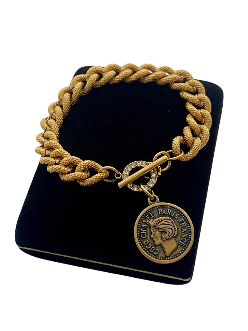 *One of a Kind* Repurposed CC Paris France Coin Vintage Toggle Bracelet
