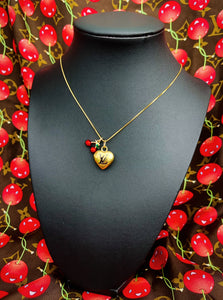 Medium Repurposed Louis Vuitton Black & Gold Signature Logo Puffy Heart Charm & 🍒 Necklace