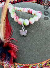 Load image into Gallery viewer, Repurposed .925 Sterling Gucci Butterfly Charm Hand~Beaded 8mm Tourmaline Necklace