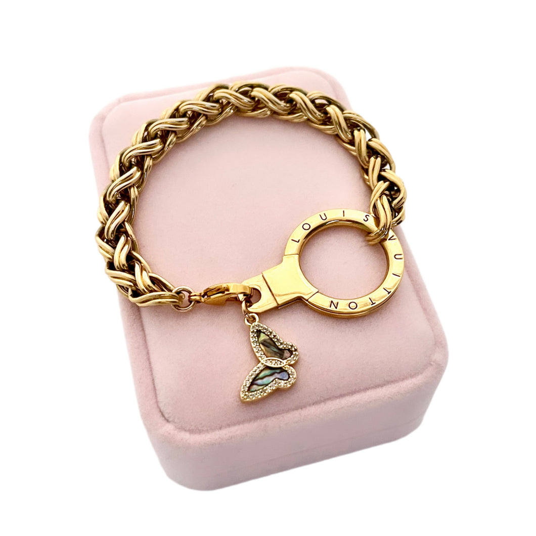 Repurposed Louis Vuitton Keyring & Abalone Butterfly Charm Bracelet