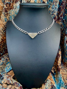 Repurposed Mocha Mousse & Silver PRADA Tag Hardware Necklace
