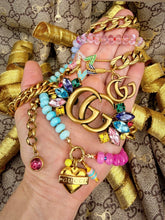 Load image into Gallery viewer, Repurposed Gucci Tag Multicolored Heart Crystal Carabiner Necklace/Gold Tone Chain Included