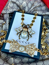 Load image into Gallery viewer, *One of a Kind* Repurposed Gucci Pearl Button &amp; Vintage Bow Brooch/Necklace