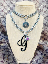 Load image into Gallery viewer, Repurposed Black Resin Gucci Cursive G Charm &amp; Removable Crystal Pavè Bee Necklace