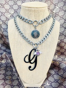 Repurposed Black Resin Gucci Cursive G Charm & Removable Crystal Pavè Bee Necklace