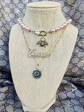 Load image into Gallery viewer, Repurposed Gucci KeyClasp &amp; Crystal Bee Champagne Pearl like Vintage Necklace