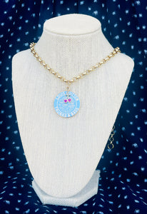 X~Large Repurposed Louis Vuitton Trunks & Bags Baby Blue & Gold Tone Reversible Cherry Necklace