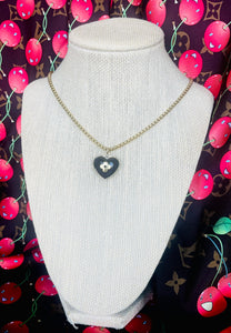 Medium Repurposed Gold & Black Enameled Louis Vuitton Signature Flower Heart Charm Necklace