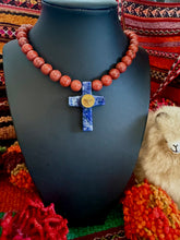 Load image into Gallery viewer, Repurposed Versace Medusa Coin Hand~Beaded 8mm Red Jasper &amp; Lapis Necklace