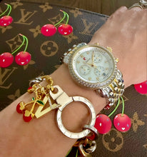 Load image into Gallery viewer, Repurposed Louis Vuitton Keyring &amp; Mixed Metals Cherry Charm Bracelet