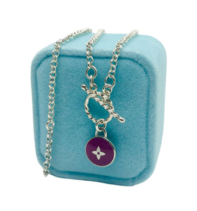 Repurposed Silver & Magenta Louis Vuitton Signature Flower Logo Necklace