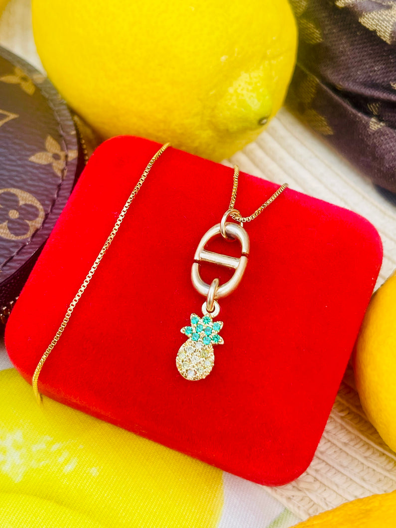 Repurposed Christian Dior Cut~Out CD Charm & Crystal Pavé Pineapple Necklace