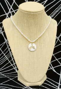Repurposed Vintage Yves Saint Laurent Coin & Mermaid Tail Charm Pearl Necklace