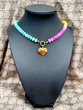 Load image into Gallery viewer, Repurposed Gucci Tag Multicolored Heart Crystal Carabiner Necklace/Gold Tone Chain Included