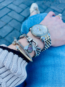 Repurposed Gucci Key Clasp & Multicolor Crystal Bee Charm Bracelet