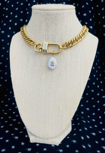 Repurposed Louis Vuitton Keyclasp Mother of Pearl & Heart Charm Necklace