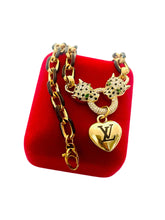 Load image into Gallery viewer, Repurposed Black &amp; Gold Louis Vuitton Puffy Heart Crystal Pavè Leopard Necklace