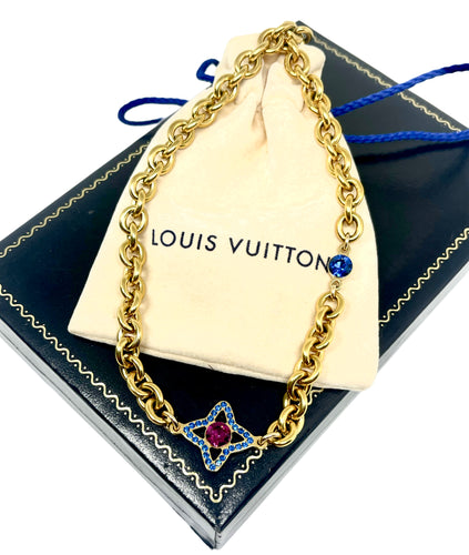 *Very Rare* Medium Repurposed Louis Vuitton Fushia & Electric Blue Flower Crystal Charm Toggle Necklace