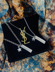 Repurposed Yves Saint Laurent Vertical Bar & Sterling Star Charm Necklace