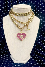 Load image into Gallery viewer, X~Large Repurposed  Burgundy &amp; Gold Prada Heart Charm Necklace