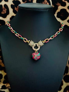 Repurposed Louis Vuitton Puffy Heart Charm Leopard Crystal Pavè Necklace