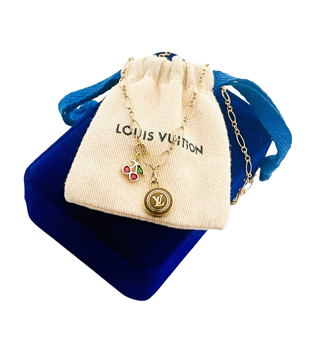 Repurposed Louis Vuitton Gold & Café Signature Logo Coin & Cherry Charm Necklace