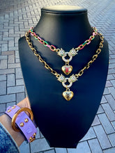 Load image into Gallery viewer, Repurposed Hot Pink &amp; Gold Louis Vuitton Puffy Heart Crystal Leopard Pavè Necklace