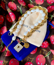 Load image into Gallery viewer, Repurposed Louis Vuitton Gold &amp; Cafè Coin Asymmetrical Freshwater Pearl Necklace