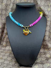 Load image into Gallery viewer, Repurposed Gucci Tag Multicolored Heart Crystal Carabiner Necklace/Gold Tone Chain Included