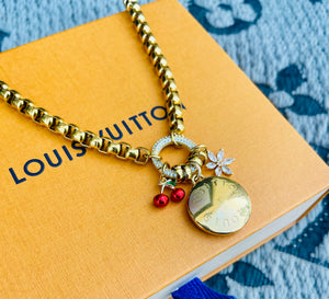 Repurposed Large Louis Vuitton Disc & Cherry/Snowflake Charm Necklace