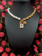 Load image into Gallery viewer, Repurposed Louis Vuitton Gold &amp; Cafè Coin Asymmetrical Freshwater Pearl Necklace