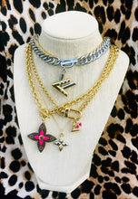 Load image into Gallery viewer, Repurposed Louis Vuitton Puffy V Logo Charm &amp; Heart Shaped Cerises KeyClap Necklace