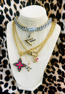 Repurposed Louis Vuitton Puffy V Logo Charm & Heart Shaped Cerises KeyClap Necklace