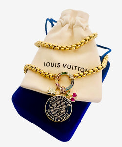 Repurposed Louis Vuitton Navy Blue & Gold Trunks and Bags Coin & Paved Charm Necklace