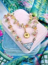 Load image into Gallery viewer, Repurposed Prada Soft Blue &amp; Silver Tag Pastel Flowers Necklace