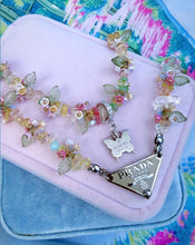 Load image into Gallery viewer, Repurposed Prada Beige &amp; Silver Tag Pastel Flowers Necklace