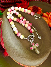 Load image into Gallery viewer, Repurposed Gucci Interlocking GG Carved Sterling Charm Hand~Beaded 10mm Tourmaline Cross Necklace