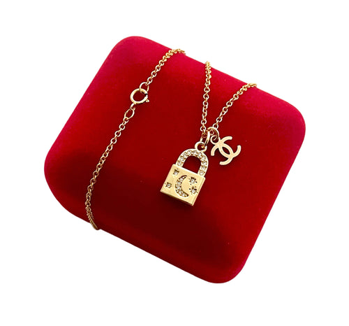 Repurposed Mini Gold Tone CC Charm & Celestial Padlock Necklace
