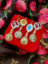 Load image into Gallery viewer, Repurposed Louis Vuitton Gold &amp; Brown Monogram Flower Disc Evil Eye Protection Necklace