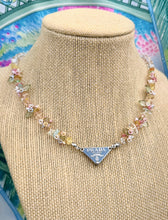 Load image into Gallery viewer, Repurposed Prada Soft Blue &amp; Silver Tag Pastel Flowers Necklace
