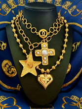 Load image into Gallery viewer, X~Large Repurposed Louis Vuitton Signature Flower Charm &amp; Puffy Heart Statement Necklace