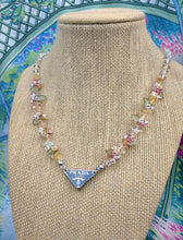 Load image into Gallery viewer, Repurposed Prada Soft Blue &amp; Silver Tag Pastel Flowers Necklace