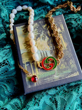 Load image into Gallery viewer, *Rare* Repurposed Interlocking GG Red &amp; Green Enameled Charm Asymmetrical Freshwater Pearl Necklace