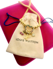 Load image into Gallery viewer, Repurposed Louis Vuitton Logo Charm &amp; Heart Shaped Carabiner Charm Necklace