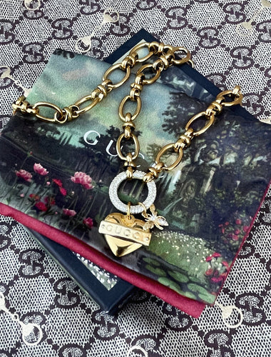 Repurposed Gucci Tag Vintage Heart Crystal Carabiner Necklace