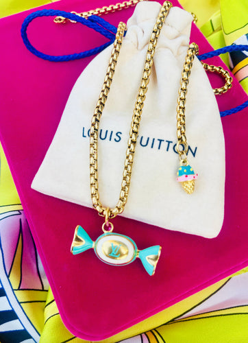 Repurposed Louis Vuitton Turquoise & Gold Tone Candy/Ice Cream Charm Necklace