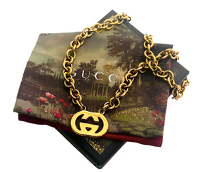 Repurposed Red Enameled & Gold Interlocking GG 90’s Vintage Gucci Charm Necklace