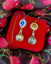 Load image into Gallery viewer, Repurposed Louis Vuitton Gold &amp; Brown Monogram Flower Disc Evil Eye Protection Necklace